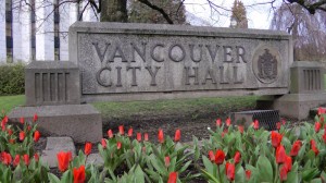 City Hall sign tulips